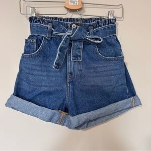SWS Denim Co Women's Blue S High Waisted Paperbag Waist Jean Shorts W/ Belt